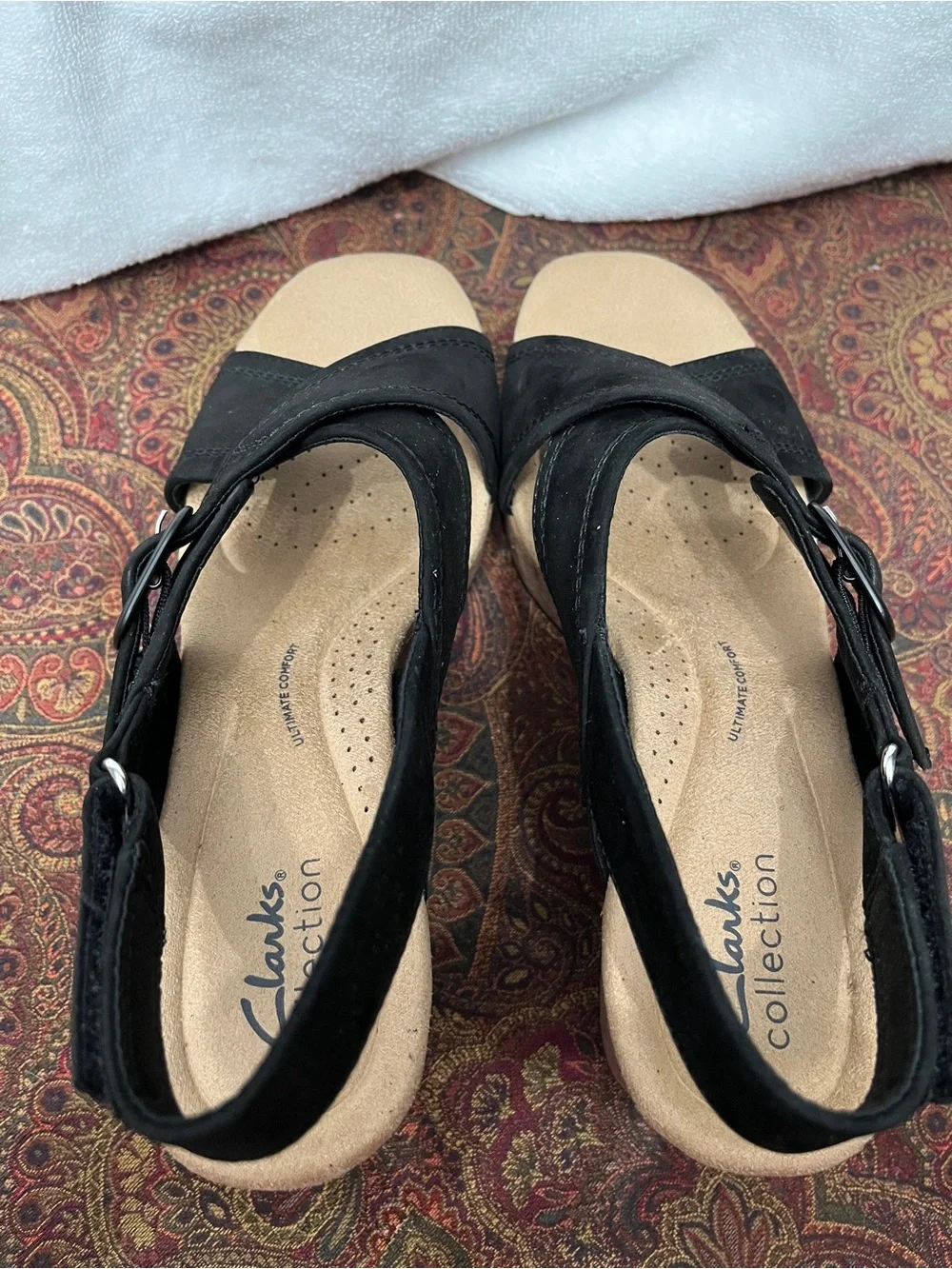 Clarks Nerisa Pace Wedge Heel Sandals - Black Nubuck - NWT - 8.5 Medium